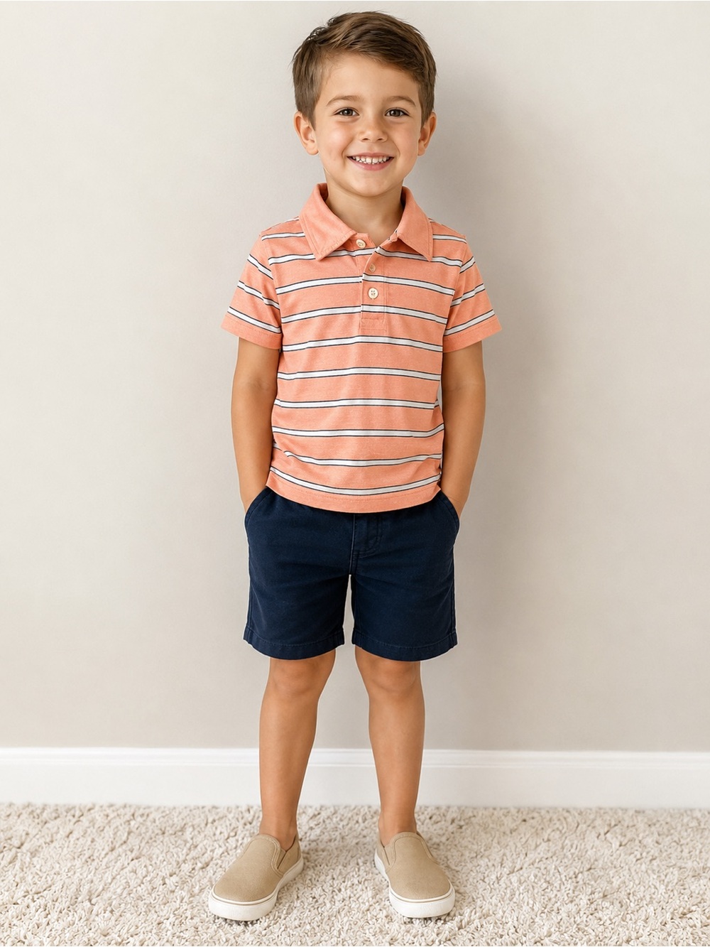 The Children's Place Peach Striped Polo Shirt with White & Navy Accents